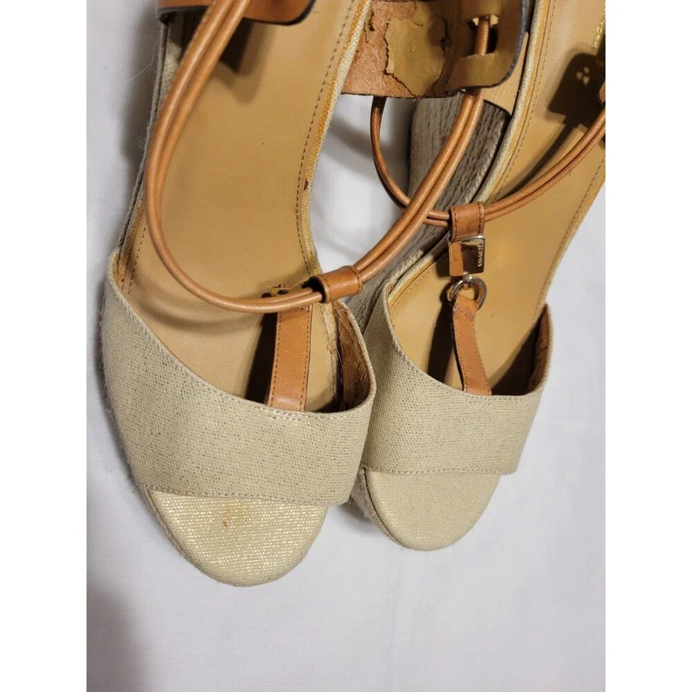 Coach Women's Beige Tan Leather Wedge Sandals Ankle Strap Buckle 9.5 B